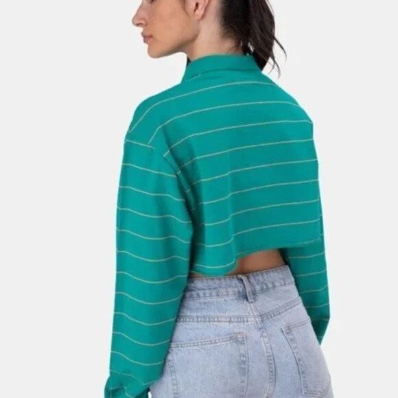Adika Jones Green Crop Striped Collar Polo Shirt - Picture 2 of 13